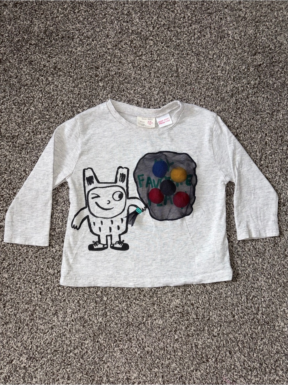 Zara Grey Long-Sleeve Tee with Colorful Pom Monster Balloon 6-9 Month Shirt